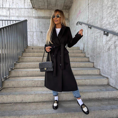 Women's Lapel Button Front Long Coat with Slit