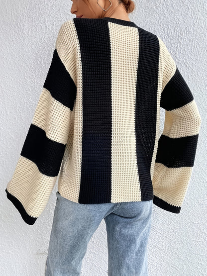 Color Block Sweater Crew Neck Balloon Sleeve Oversized