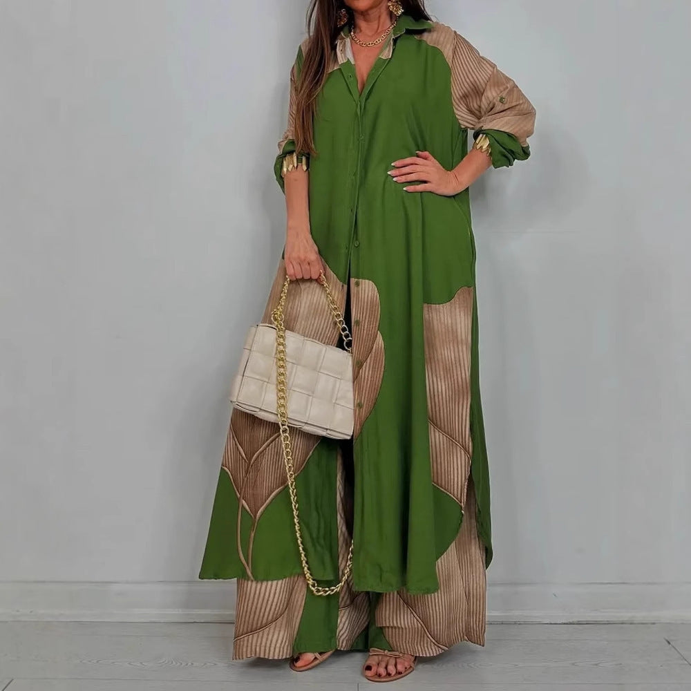 Color Block Shirt Wide Leg Pants Two Piece Set