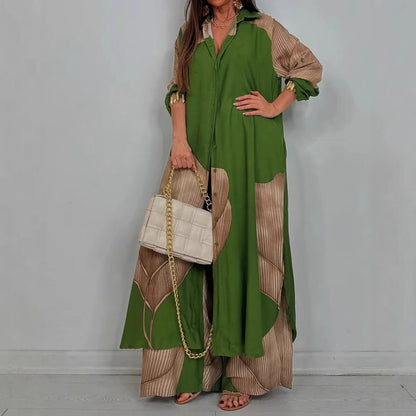 Color Block Shirt Wide Leg Pants Two Piece Set