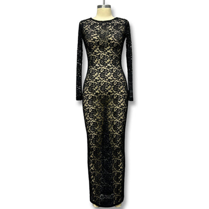 Sexy Sheer Lace Long Sleeve Bodycon Maxi Dress