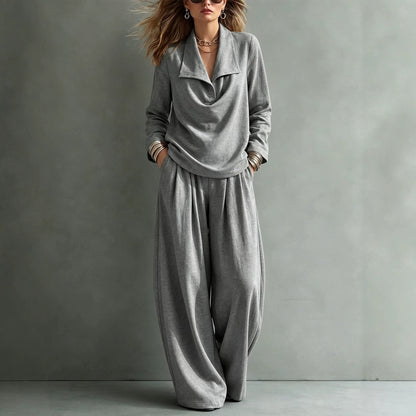 Women's Collared Sweatshirt Wide Leg Pants Lounge Set