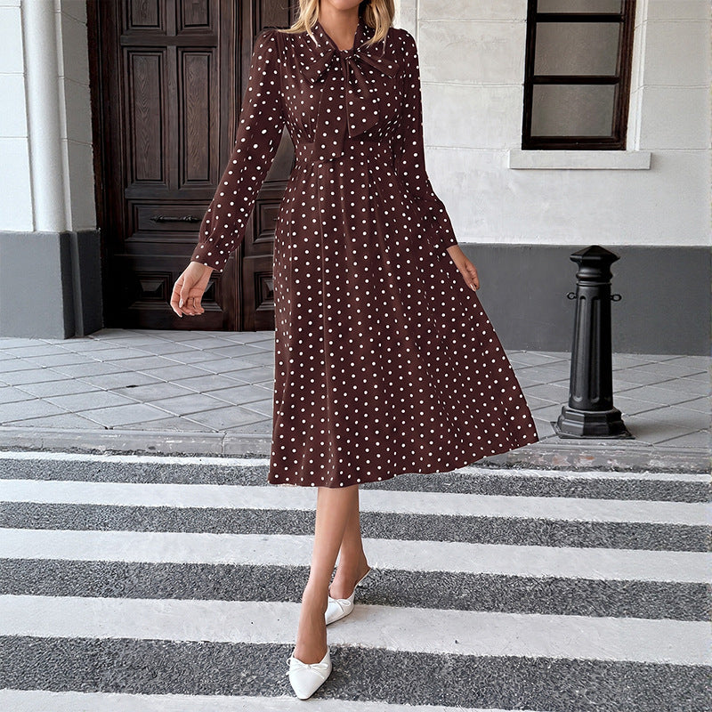 Polka Dot Bow Tie Long Sleeve A-Line Midi Dress