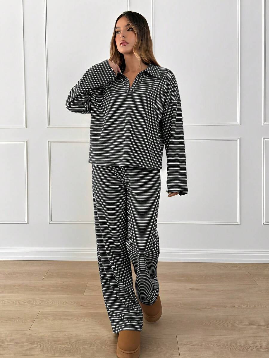 Striped Lounge Set Women Collared Pullover Wide Leg Pants