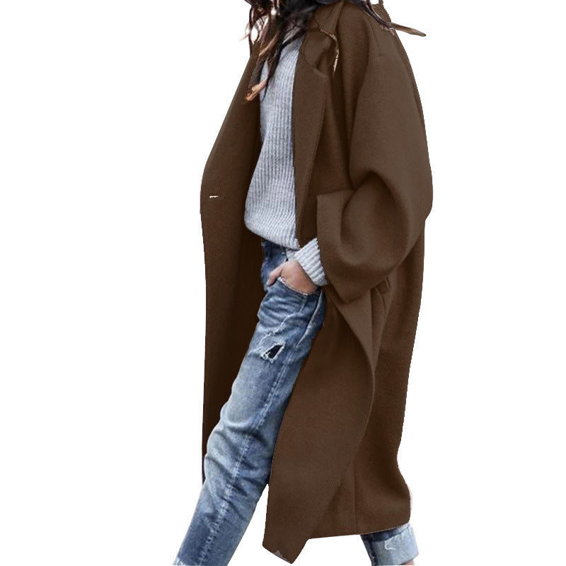 Women's Oversized Long Wool Coat Lapel Single Button