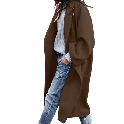 Women's Oversized Long Wool Coat Lapel Single Button