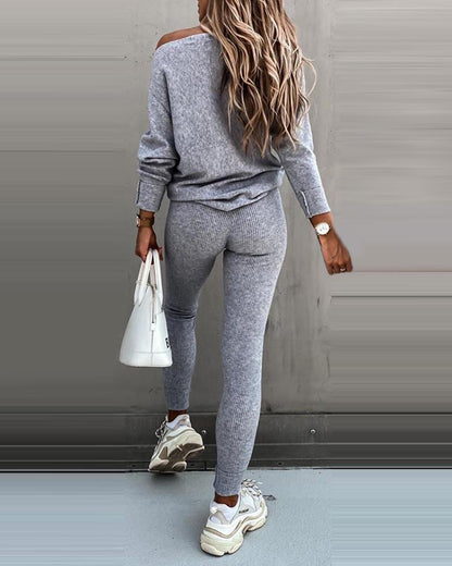 Women's Off Shoulder Ribbed Two Piece Lounge Set