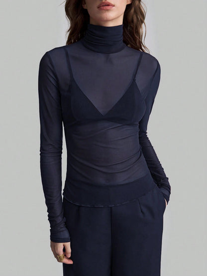 Solid Mesh Turtleneck Top Long Sleeve Fitted Blouse
