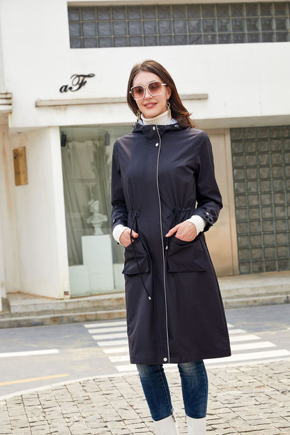 Women's Long Hooded Rain Jacket Waterproof Lightweight Coat