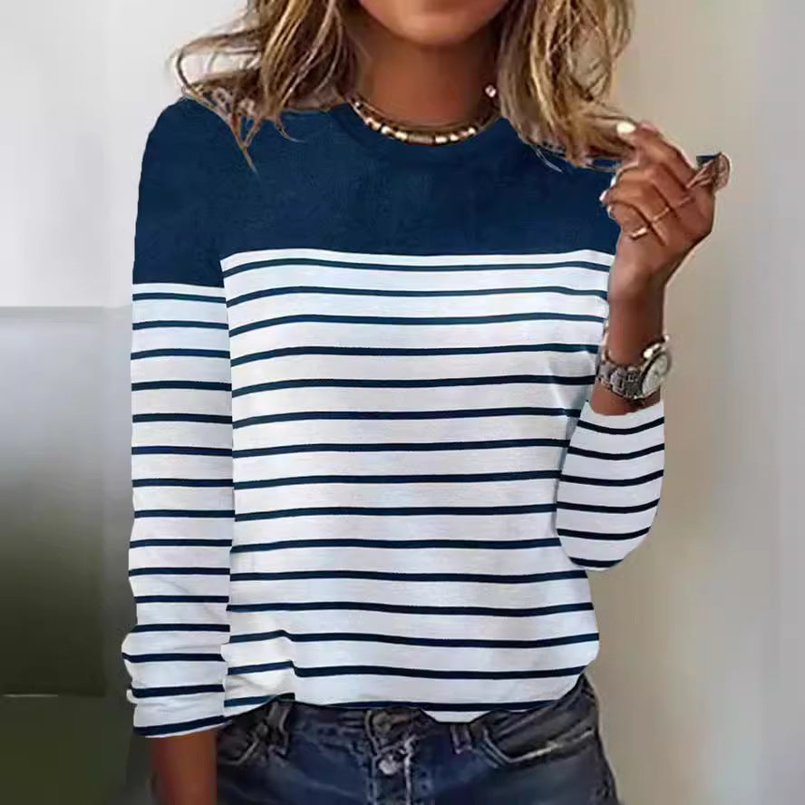 Women's Color Block Striped Long Sleeve Casual T-Shirt