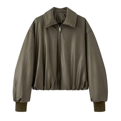 Women's Cropped Faux Leather Puffer Jacket Zip Up