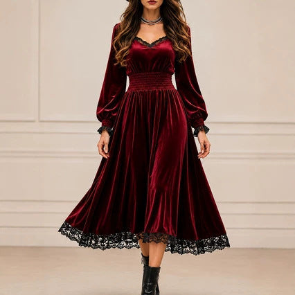 Women's Velvet Lace Trim V-Neck Long Sleeve Midi Dress