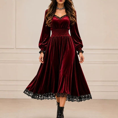 Women's Velvet Lace Trim V-Neck Long Sleeve Midi Dress