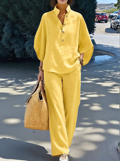 Women's Casual Two Piece Collared Shirt Wide Leg Pants Set