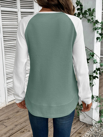 Colorblock Waffle Knit Long Sleeve Top Women Casual Tee