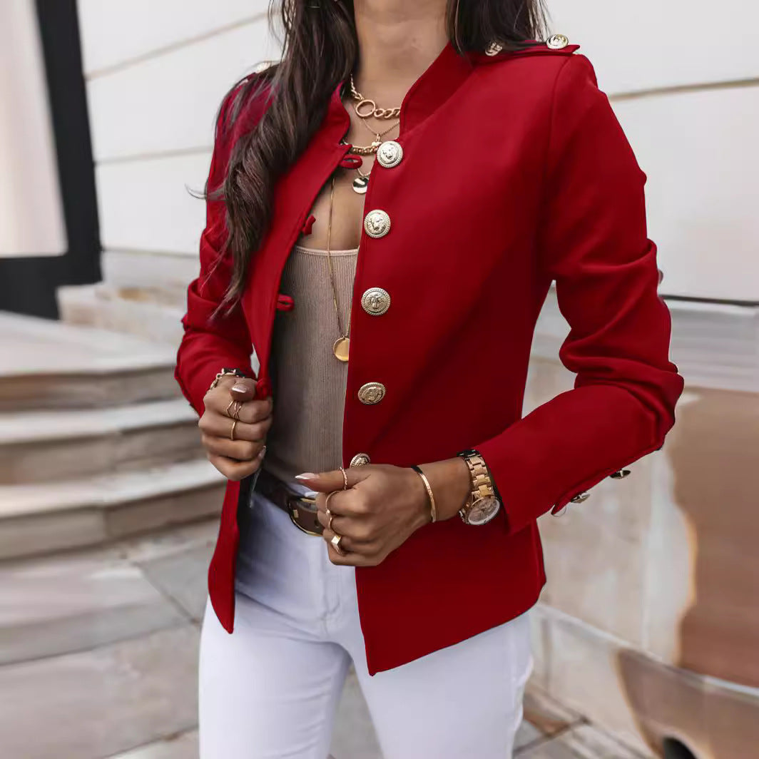 Women's Fitted Cropped Blazer Gold Button Long Sleeve