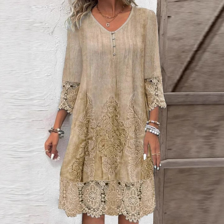 Women's Boho Lace V-Neck A-Line Midi Dress