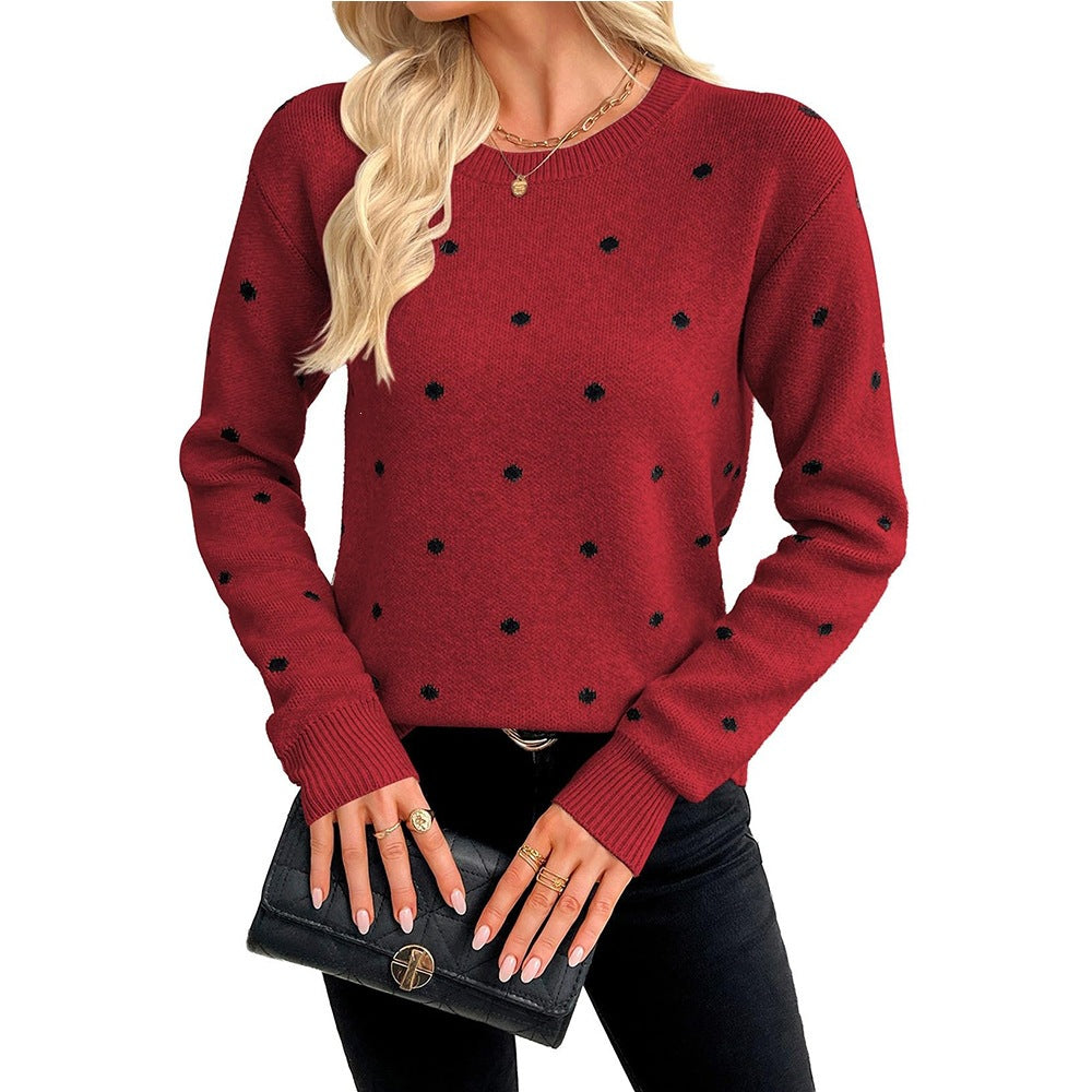 Women's Polka Dot Crew Neck Pullover Knit Sweater
