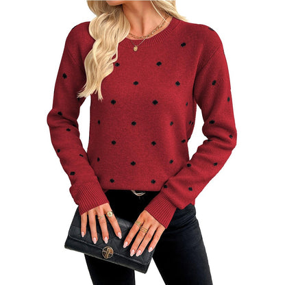 Women's Polka Dot Crew Neck Pullover Knit Sweater