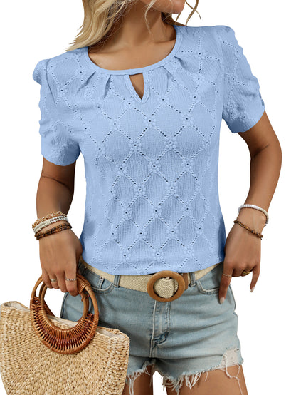 Light Blue Textured Knit Short Sleeve Button Neck Top