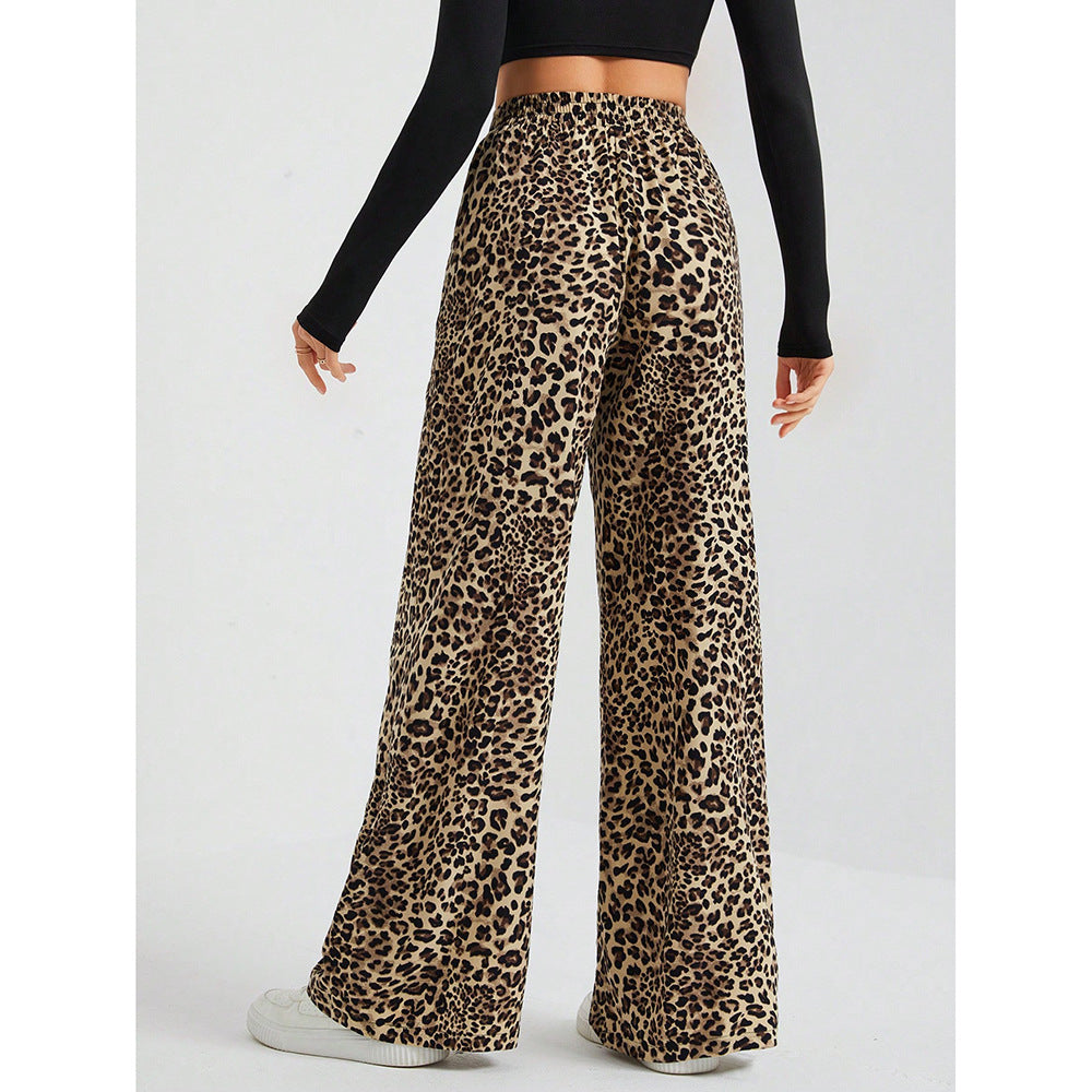 Leopard Print Wide Leg Pants High Waist Casual Trousers