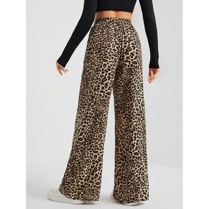 Leopard Print Wide Leg Pants High Waist Pocket Casual