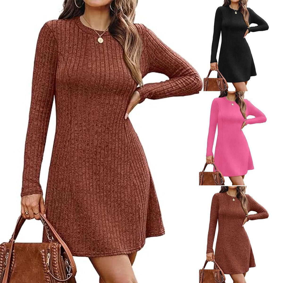 Ribbed Long Sleeve Crewneck Sweater Dress A-Line Mini