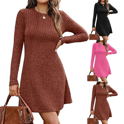 Ribbed Long Sleeve Crewneck Sweater Dress A-Line Mini
