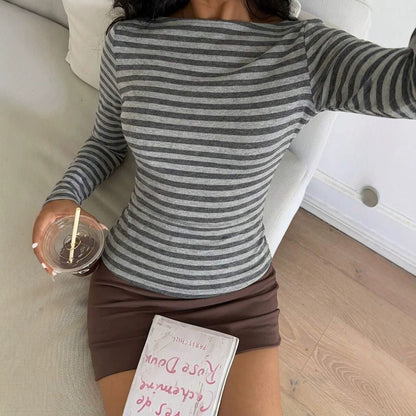 Striped Cotton Blend Long Sleeve Fitted Casual Tee