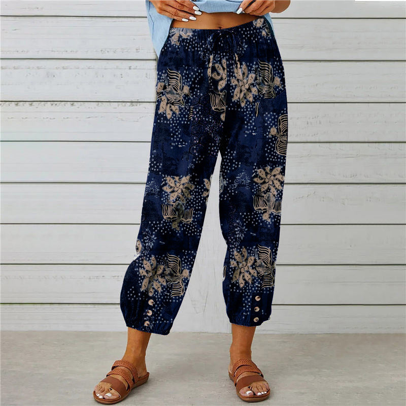 Women's Boho Floral High Waist Cotton Linen Joggers