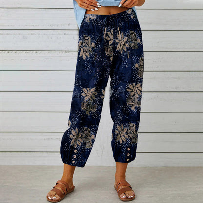 Women's Boho Floral High Waist Cotton Linen Joggers