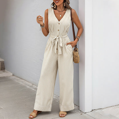Striped Linen Blend Jumpsuit Sleeveless Wide Leg Romper