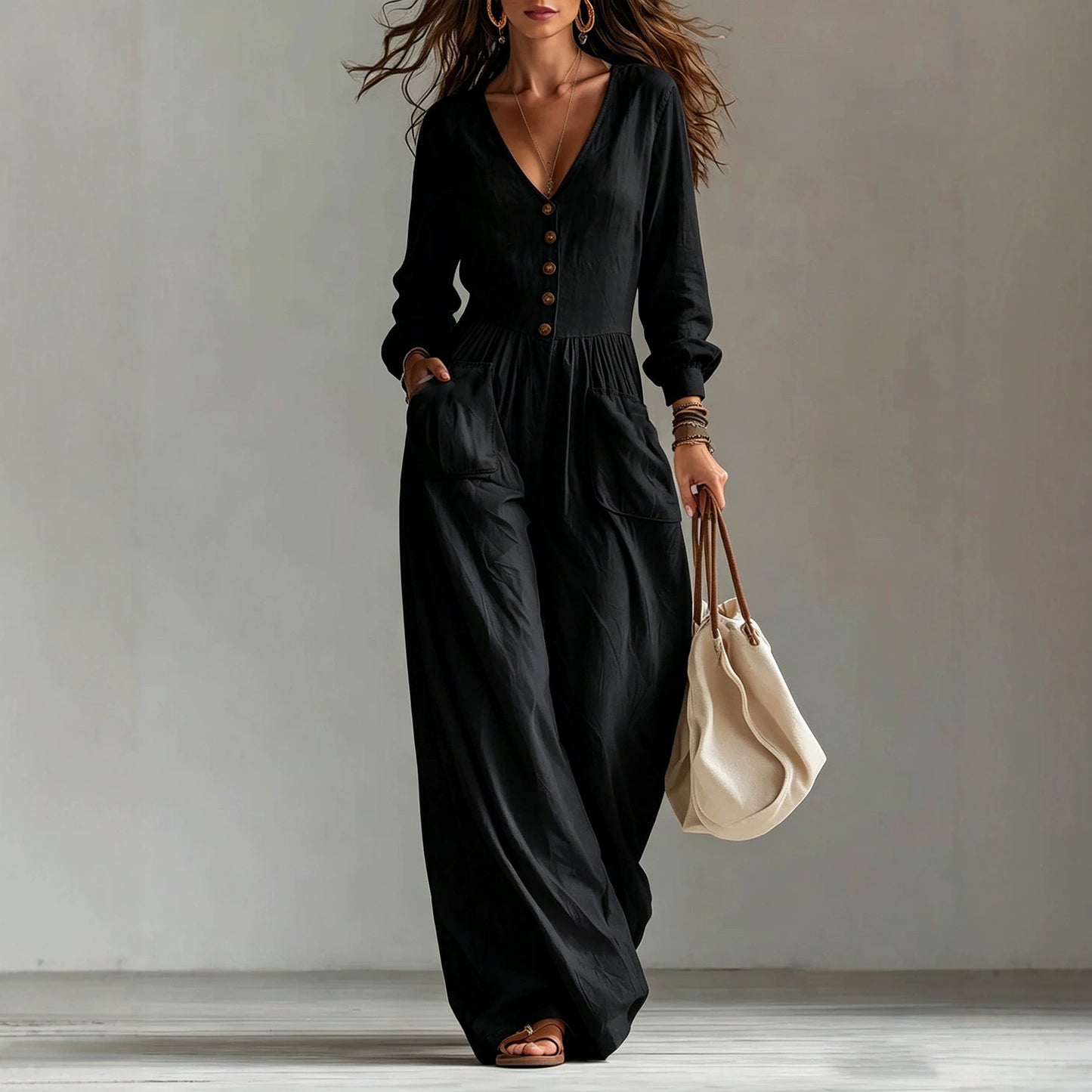 Women's V-Neck Button Front Wide Leg Long Sleeve Jumpsuit
