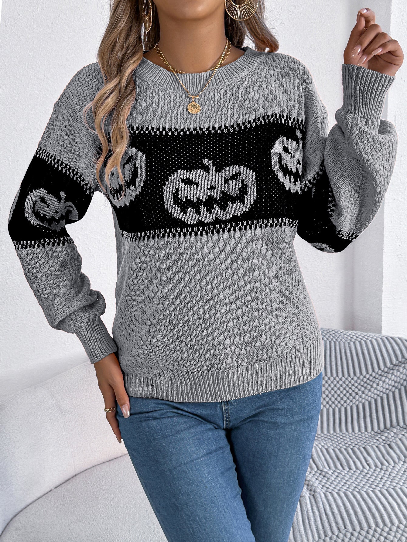 Halloween Pumpkin Pattern Colorblock Long Sleeve Sweater