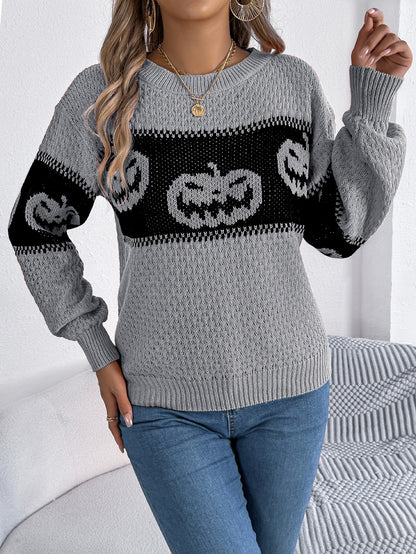 Halloween Pumpkin Pattern Colorblock Long Sleeve Sweater