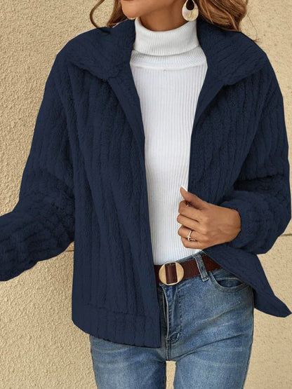 Women's Ribbed Sherpa Zip Up Jacket Collar Cropped