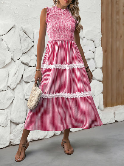 Sleeveless Striped Lace Midi Dress Ruffled A-Line Summer