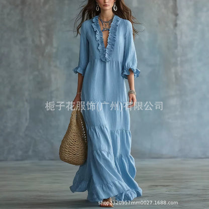Women's Boho V-Neck Ruffle Tiered Maxi Dress Casual Summer