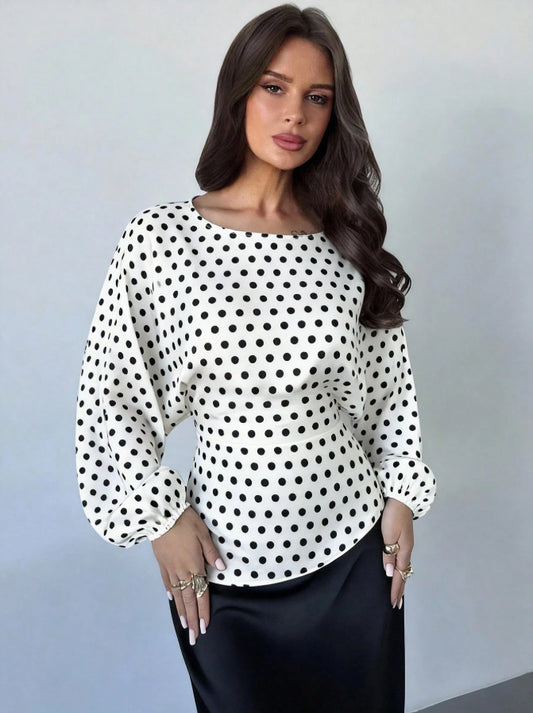 Satin Batwing Blouse Round Neck Tie Waist Top