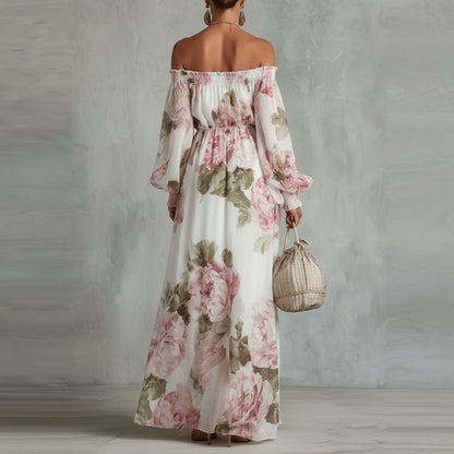 Off Shoulder Balloon Sleeve Floral Maxi Dress
