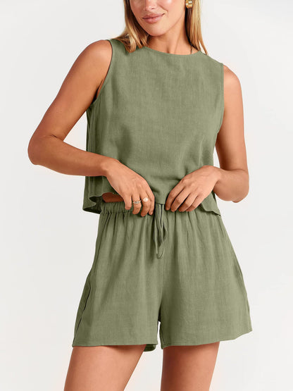 Sleeveless Top and Drawstring Shorts Two Piece Set