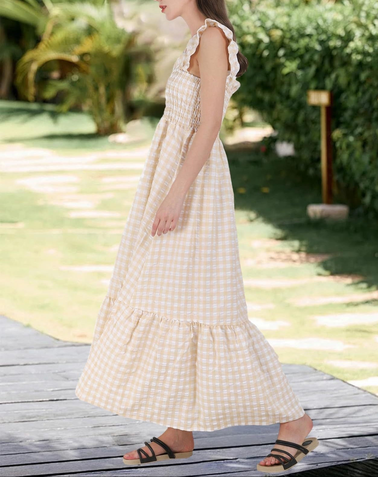 Gingham Smocked Maxi Dress Square Neck Ruffle Sleeve