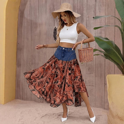 Women's Denim Patchwork Printed Boho Maxi A-Line Skirt