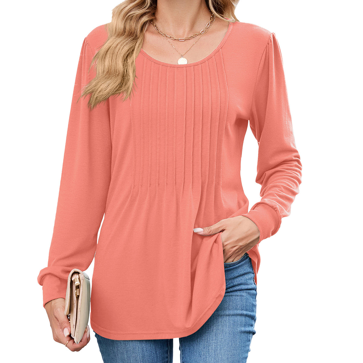 Women's Long Sleeve Pleated Tunic Top Loose Casual Blouse