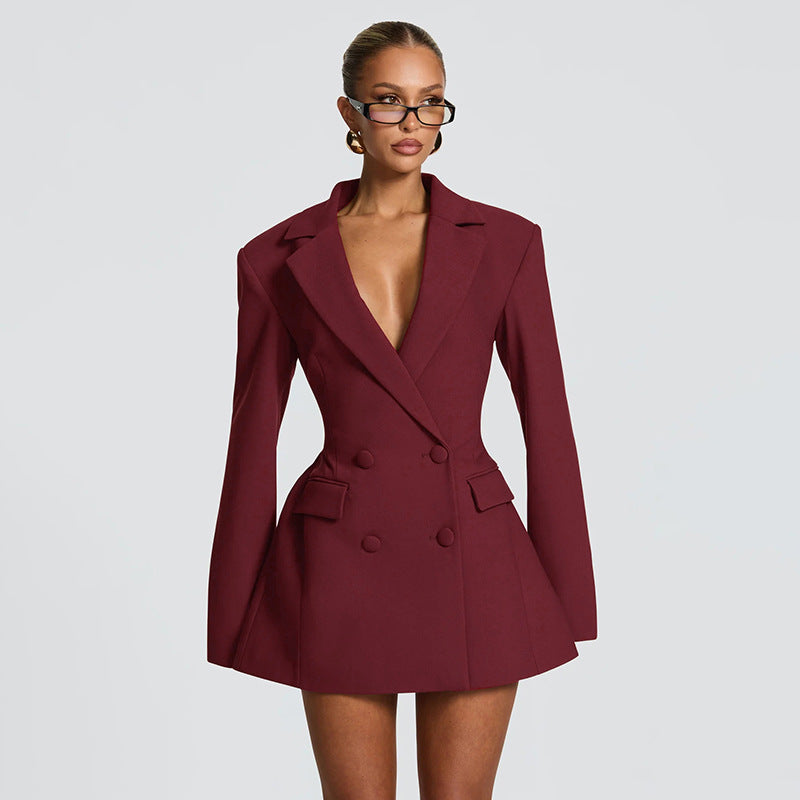 Blazer Dress Deep V Neck Long Sleeve Cinched Waist Mini