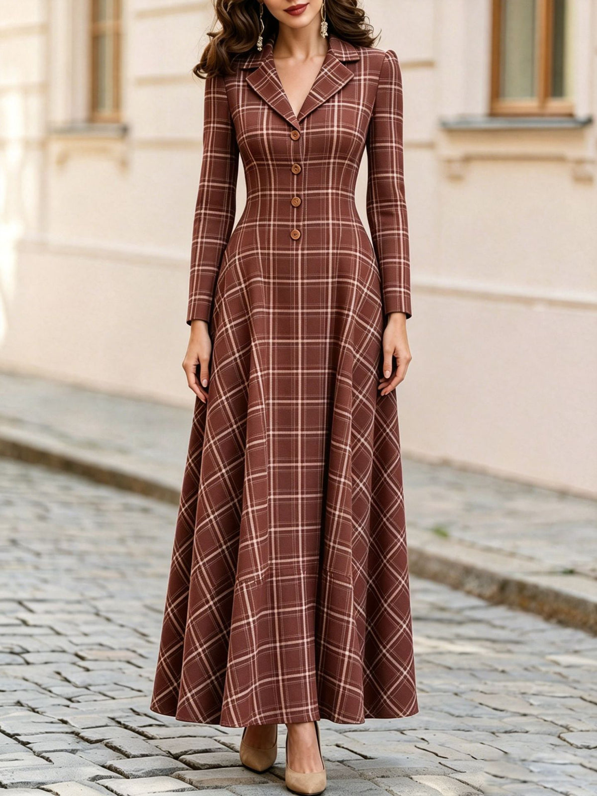 Elegant Plaid Blazer Dress Maxi Long Sleeve Button Front