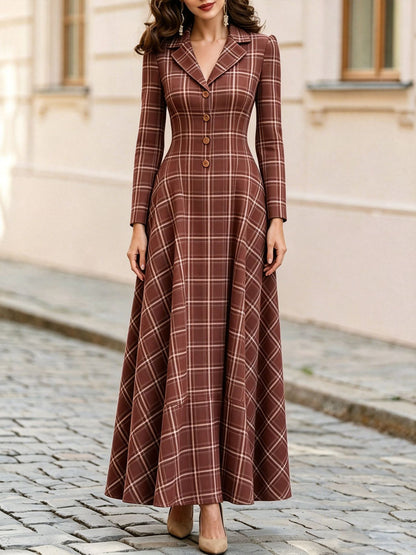 Elegant Plaid Blazer Dress Maxi Long Sleeve Button Front