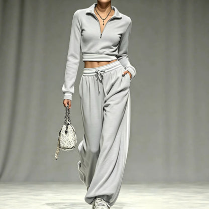Womens 2 Piece Half Zip Crop Top Wide Leg Sweatpants Set
