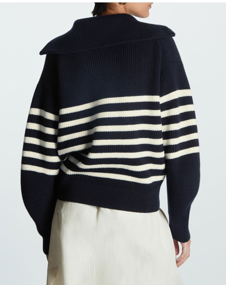 Women's Striped Half Zip Oversized Collared Sweater