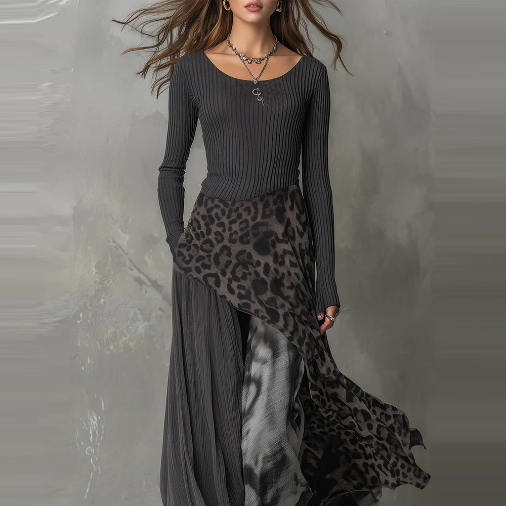 Leopard Print Maxi Dress Long Sleeve Asymmetrical Flowy